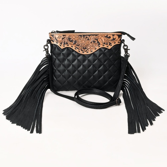 American Darling Black Quilted Leather Fringe Crossbody with Tooled Floral Top - Picture 6 of 7